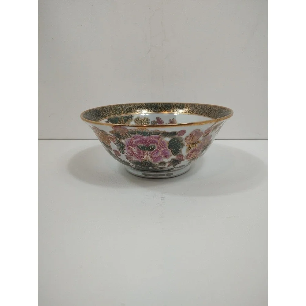 Vintage Oriental Display Bowl Green Gold‎ Mauve Floral 8.5